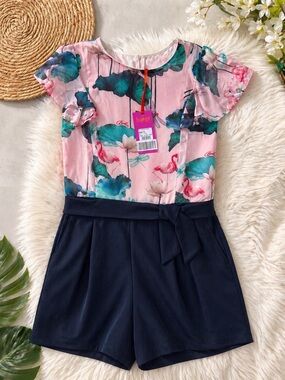 Ted Baker Flamingo Romper NWT Age 14 • Women’s XS Pink Floral Playsuit Bow Waist